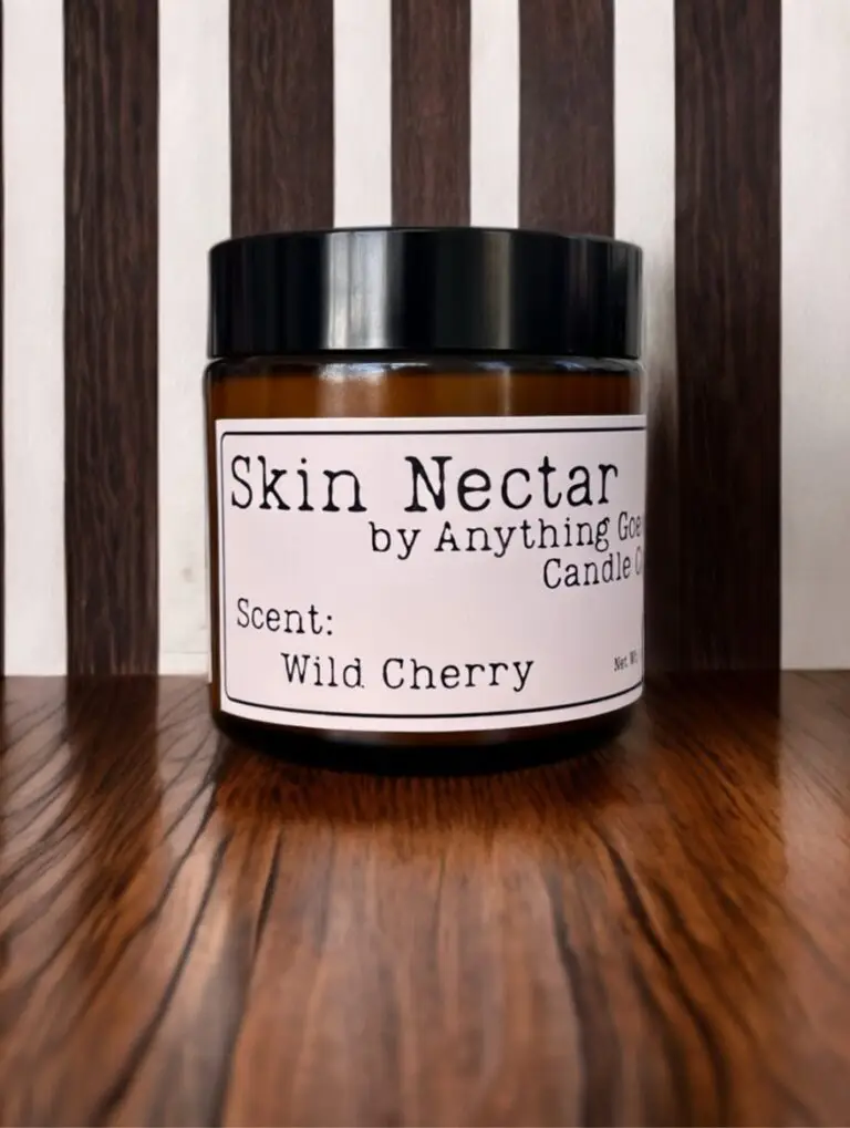 Skin Nectar whipped tallow moisturizer in an amber jar, Wild Cherry label